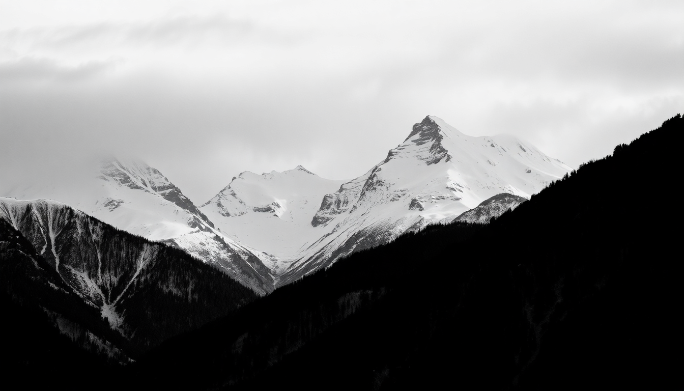 Paysage montagneux enneigé sous un ciel nuageux — DB France Invest, investissement patrimonial