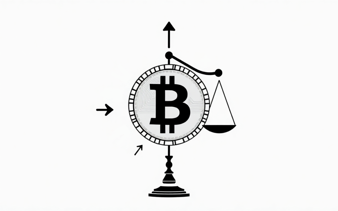 une balance avec le sigle du bitcoin de couleur noire sur fonds blanc.