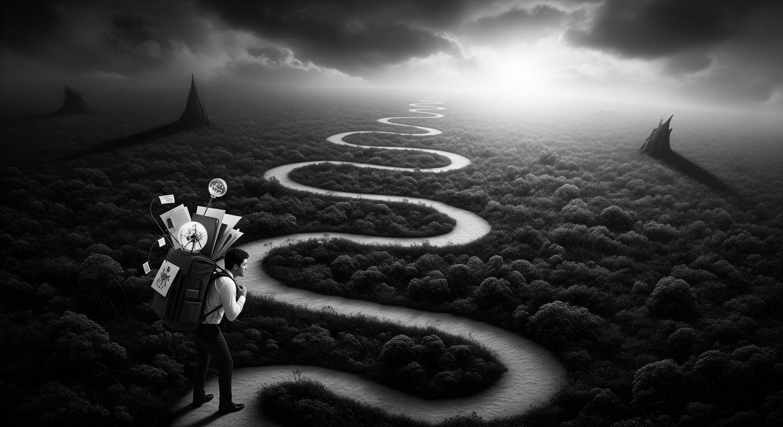 Homme avec sac à dos admirant un paysage de rivière sinueuse dans une forêt dense — DB France Invest, investissement patrimonial