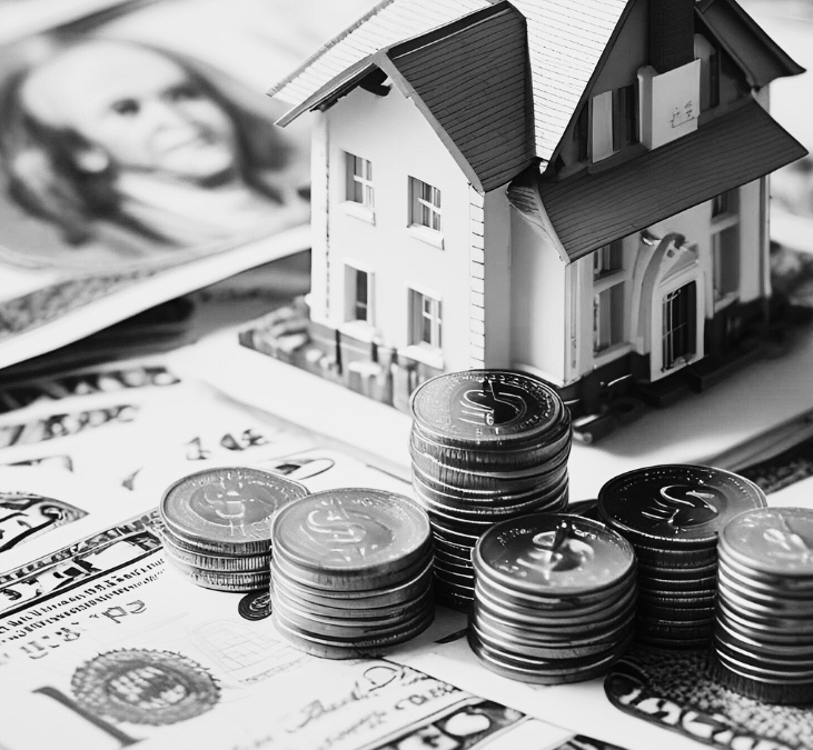 Maison miniature sur pile de pièces de monnaie et billets de banque — DB France Invest, financement immobilier