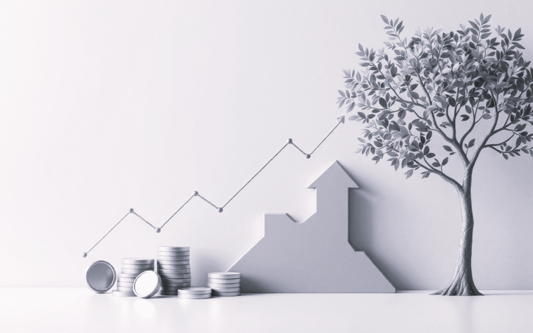 Graphique de croissance financière avec arbre et flèches ascendantes — DB France Invest, investissement patrimonial