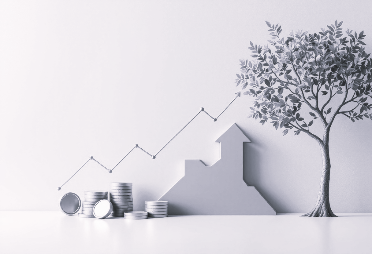 Graphique de croissance financière avec arbre et flèches ascendantes — DB France Invest, investissement patrimonial