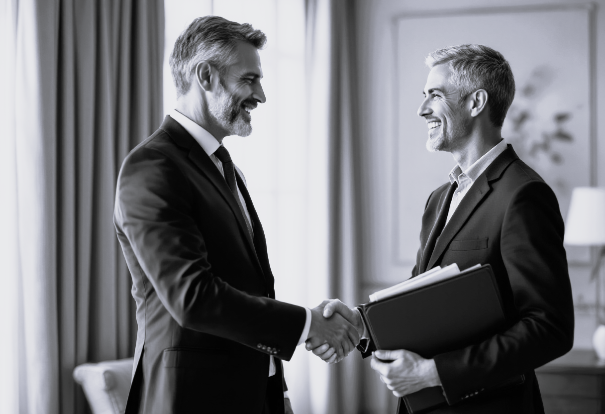 Deux hommes d’affaires élégamment vêtus échangent une poignée de main dans un bureau professionnel baigné de lumière naturelle, symbolisant la confiance et le partenariat. L'un d'eux tient un dossier, évoquant un échange ou une conclusion d'accord financier ou stratégique. Cette image incarne l’esprit de DB France Invest, cabinet de conseil en gestion et financement spécialisé dans la monétisation d’actifs et la recherche de solutions innovantes pour particuliers et entreprises. **Description SEO :** DB France Invest est une société de conseil en financement et gestion fondée en 2020, experte en monétisation d’actifs et en solutions de levée de fonds. Spécialisée dans le financement immobilier, la monétisation de biens comme l’or, le bitcoin ou d'autres instruments financiers, ainsi que dans le financement d'entreprise, DB France Invest accompagne ses clients dans le développement de leur patrimoine ou de leur activité grâce à des solutions sur mesure et sécurisées. En collaboration avec des partenaires internationaux, elle crée un écosystème financier personnalisé, facilitant l'accès à la liquidité et optimisant la stratégie financière de ses clients. Faites confiance à DB France Invest pour des solutions efficaces en financement d’entreprise, investissement et gestion d’actifs à haute valeur ajoutée.