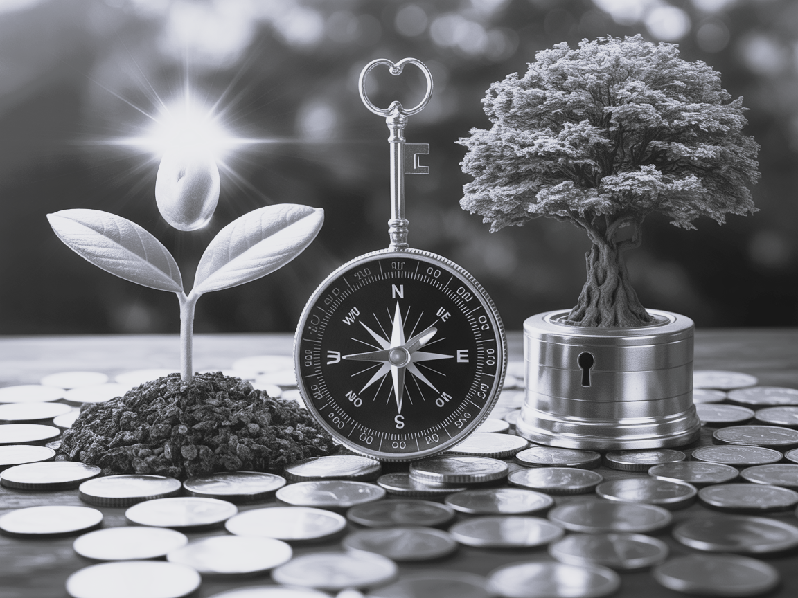 L’image évoque les notions de croissance, de sécurité financière et d’orientation stratégique.