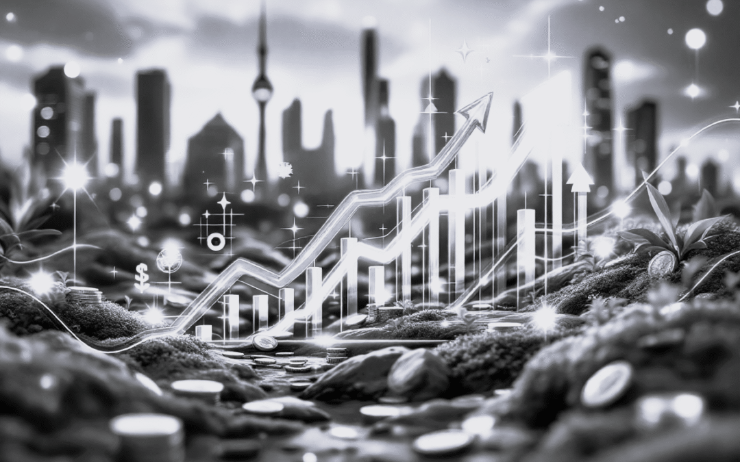 Paysage urbain futuriste avec graphiques de croissance et symboles financiers — DB France Invest, financement et monétisation d'actifs