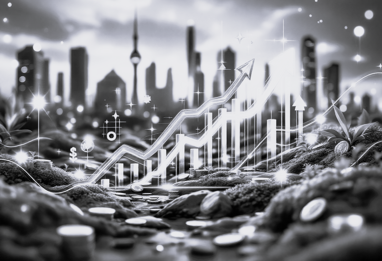 Paysage urbain futuriste avec graphiques de croissance et symboles financiers — DB France Invest, financement et monétisation d'actifs