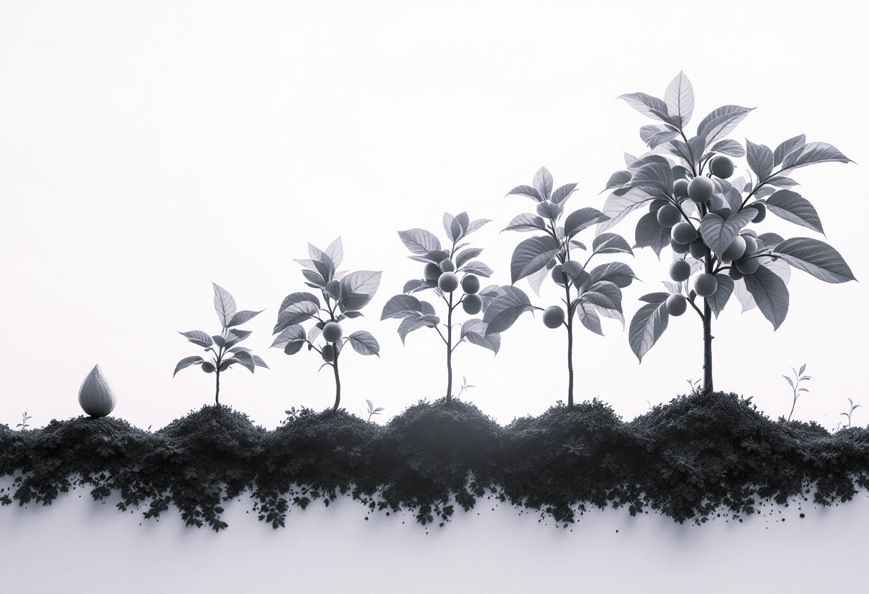 **Description SEO en français :** L'image illustre de manière symbolique le processus de croissance et de valorisation des actifs, parfaitement aligné avec les services proposés par **DB France Invest**. On y voit une graine qui germe, se transforme en jeune pousse, puis en arbre fruitier prospère — une métaphore visuelle puissante du développement financier, de l’investissement stratégique et de la rentabilisation d'actifs. **DBFranceInvest.com**, spécialiste de la monétisation d’actifs et du financement immobilier, accompagne entreprises et investisseurs à chaque étape de leur croissance. Grâce à des solutions sur mesure, la société transforme des biens immobiliers, des actifs financiers tels que le bitcoin ou l’or, en liquidités. Elle propose également des services de levée de fonds pour startups et entreprises établies, soutient la structuration de projets et offre des conseils d’experts pour maximiser les rendements. Avec une approche intégrée, DB France Invest facilite le développement de projets ambitieux, tout en garantissant une gestion stratégique du capital et des investissements. Un partenaire de confiance pour stimuler la croissance et optimiser les ressources de votre entreprise. **Mots-clés SEO** : monétisation d’actifs, financement immobilier, levée de fonds, conseil en investissement, DB France Invest, développement d’entreprise, structuration financière, transformation d’actifs, investissement stratégique, bitcoin en liquidités.