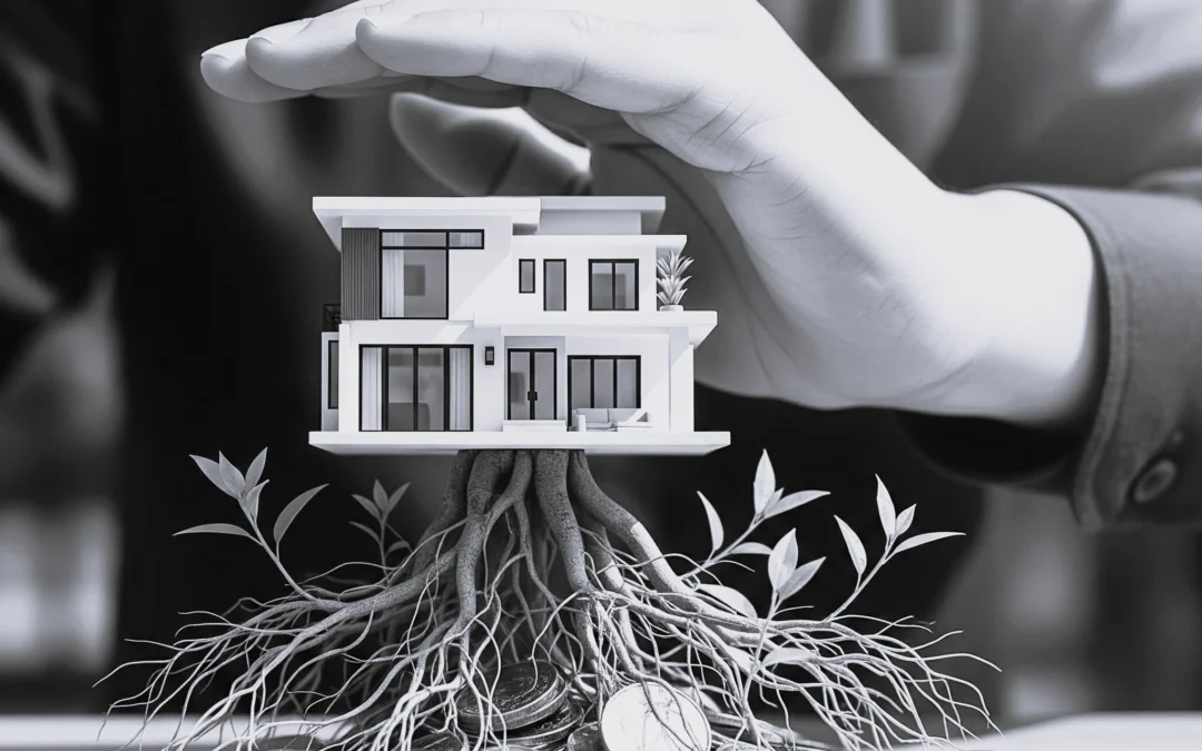 Maquette de maison moderne sur racines profondes et pièces de monnaie — DB France Invest, financement immobilier