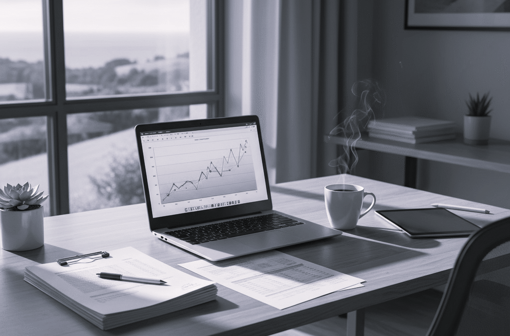 Espace de travail moderne avec laptop affichant graphique financier et documents — DB France Invest, Conseil financier