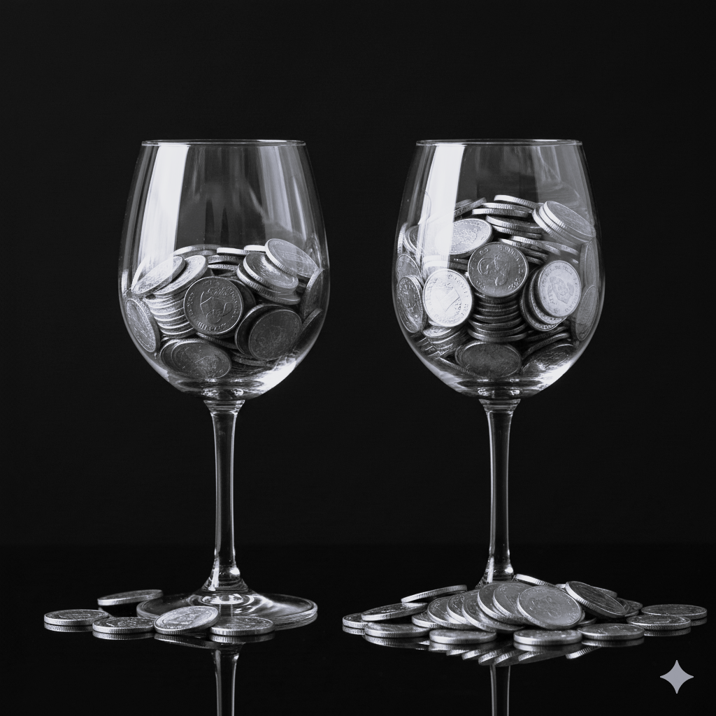 À l’image de deux verres remplis de pièces, symbole de liquidité et de valorisation du capital,