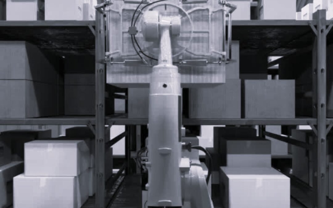 Bras robotique blanc dans entrepôt automatisé avec boîtes de stockage — DB France Invest, automatisation logistique