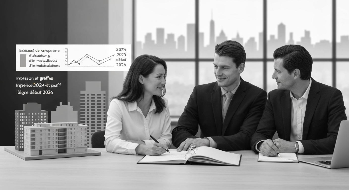 Trois professionnels en costume discutant autour d'un modèle de bâtiment — DB France Invest, conseil en financement