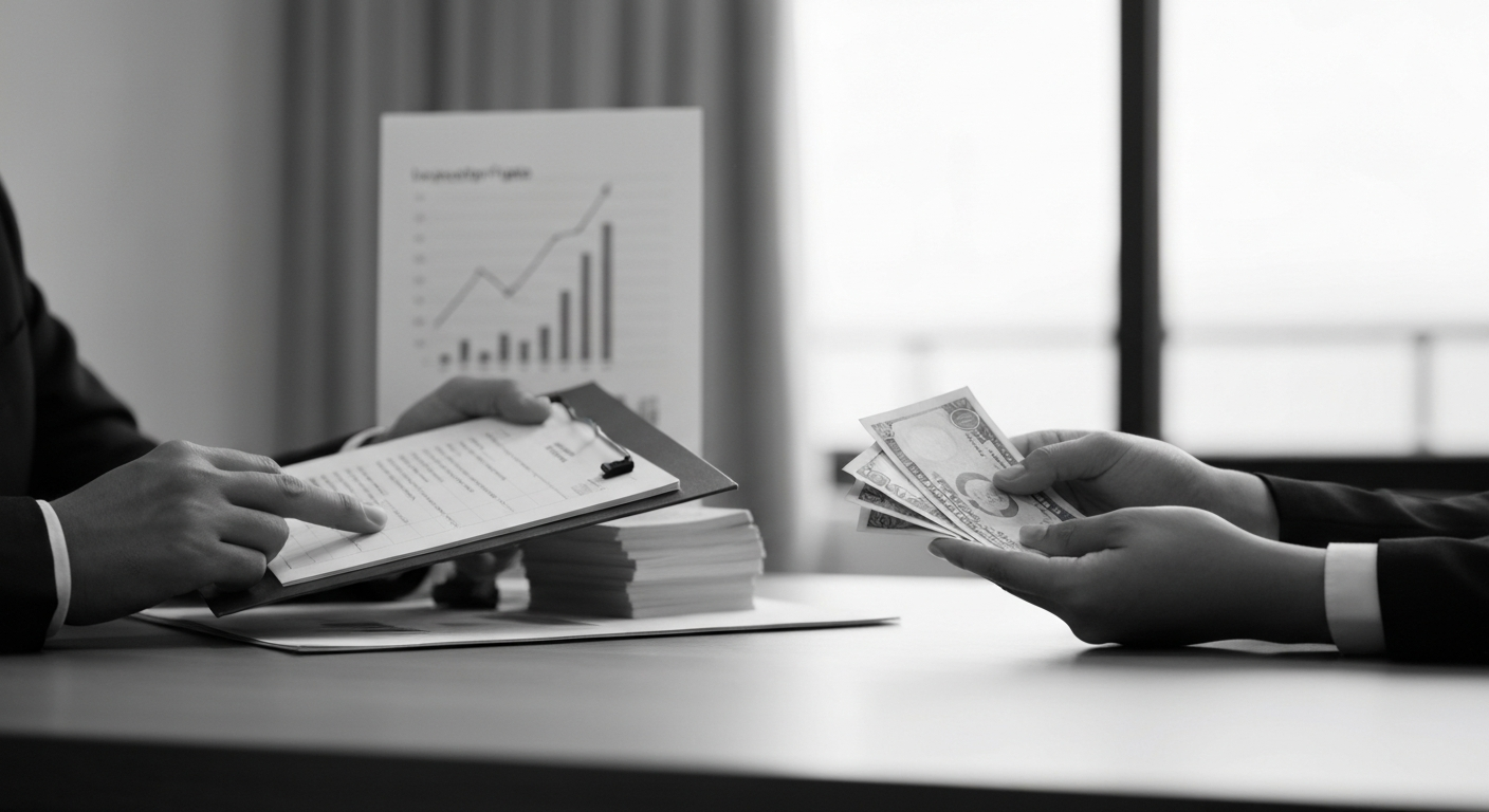 Échange de fonds sur bureau avec documents et graphiques, financement professionnel direct