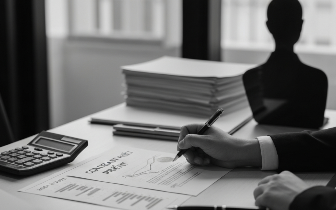 Consultant analysant rapport financier avec graphiques et calculatrice au bureau — DB France Invest, conseil financement
