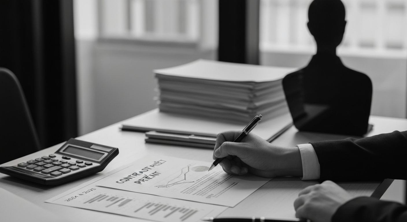 Consultant analysant rapport financier avec graphiques et calculatrice au bureau — DB France Invest, conseil financement