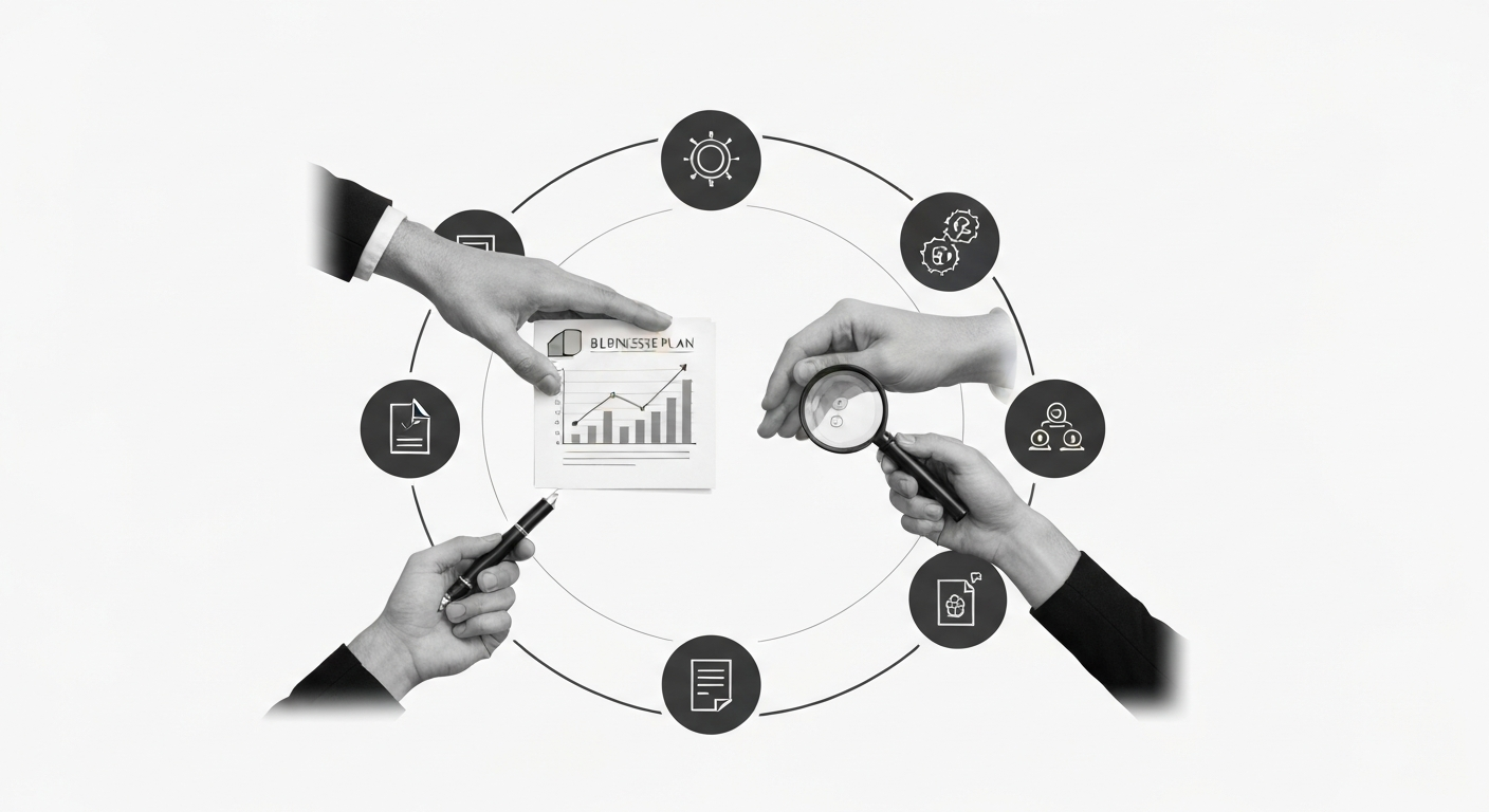 Analyse collaborative d'un plan d'affaires avec graphiques et icônes métier, stratégie d'entreprise