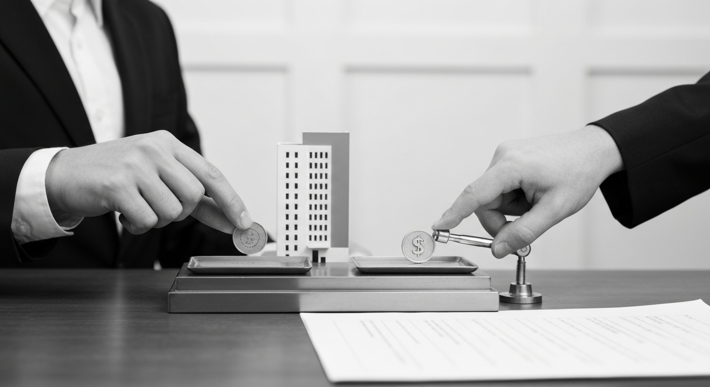 Balance comparant pièces et maquette immobilière, arbitrage financement crédit lombard