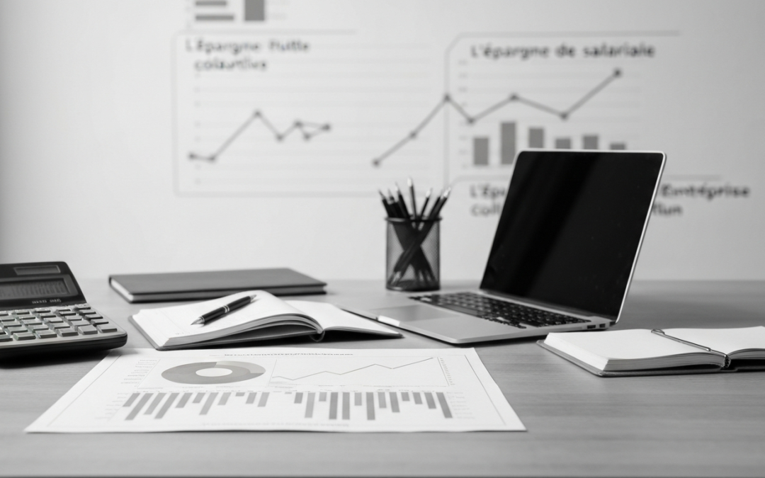 Espace de travail avec graphiques financiers, calculatrice, ordinateur portable et documents d'analyse — DB France Invest, Conseil financier