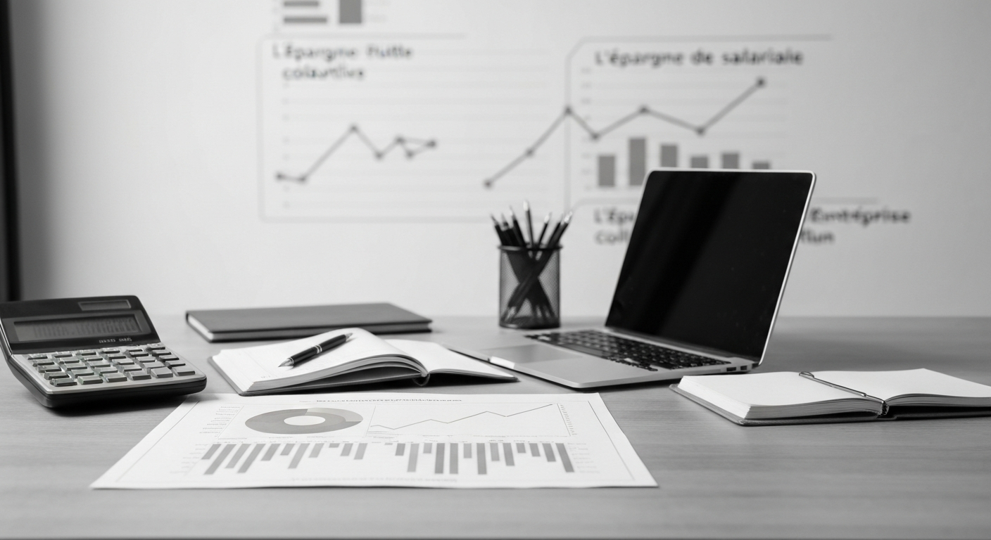 Espace de travail avec graphiques financiers, calculatrice, ordinateur portable et documents d'analyse — DB France Invest, Conseil financier