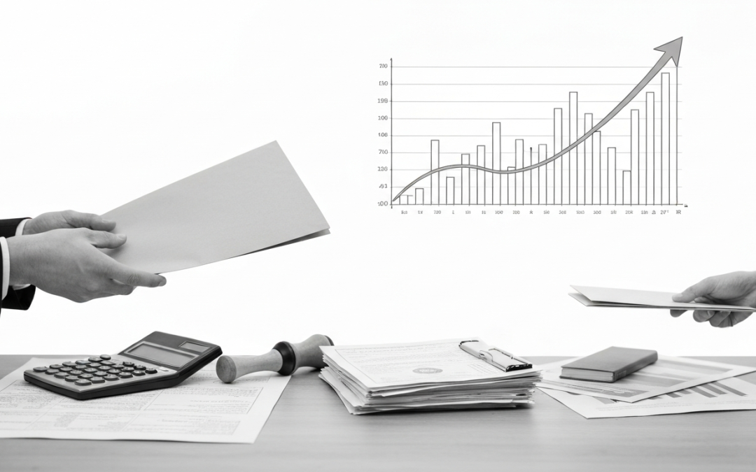 Professionnels échangeant documents financiers avec graphiques de croissance et calculatrice — DB France Invest, Financement d'entreprise