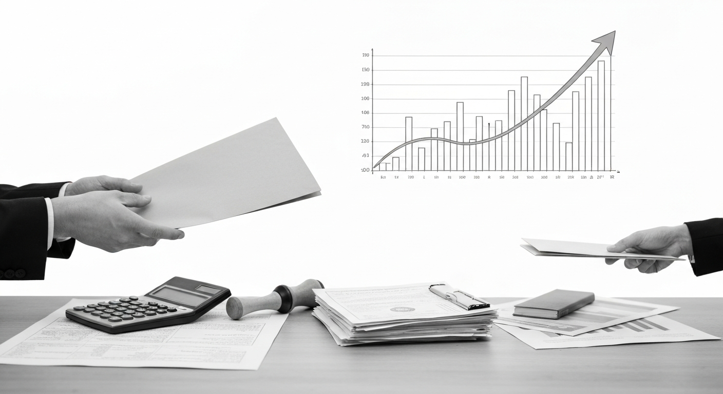 Professionnels échangeant documents financiers avec graphiques de croissance et calculatrice — DB France Invest, Financement d'entreprise