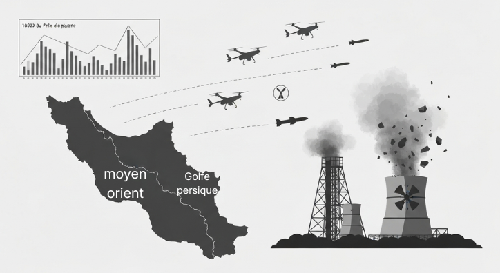 Carte du Moyen-Orient avec drones militaires et installations pétrolières — DB France Invest, financement stratégique