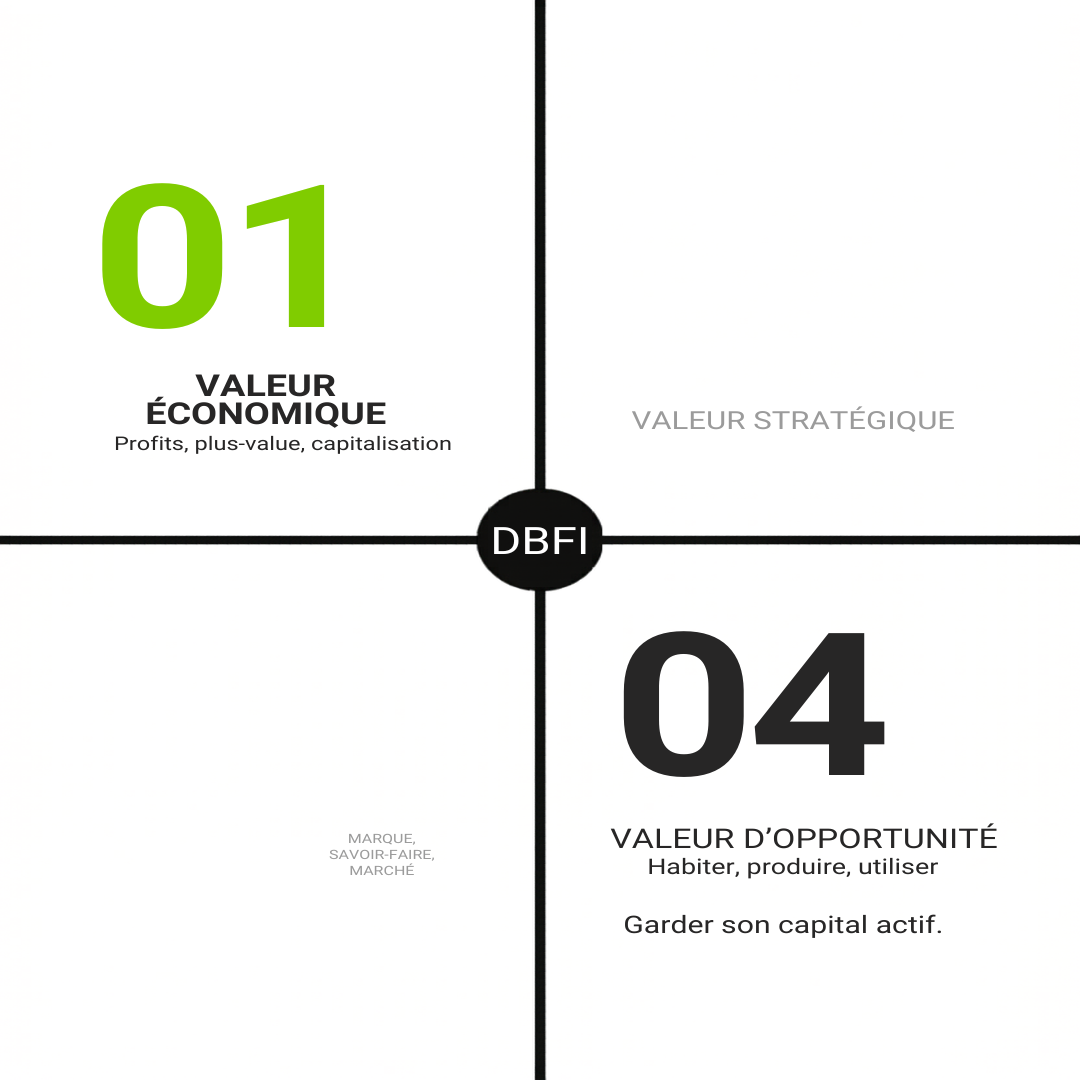Création de valeur financière : matrice DBFI des 4 dimensions économique stratégique usage opportunité