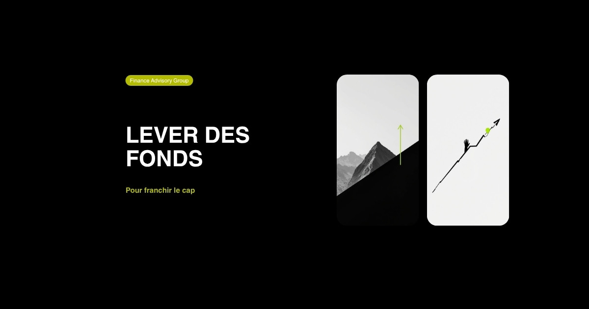 Sommet et trajectoire ascendante avec accent vert citron, métaphore de la levée de fonds et croissance maîtrisée
