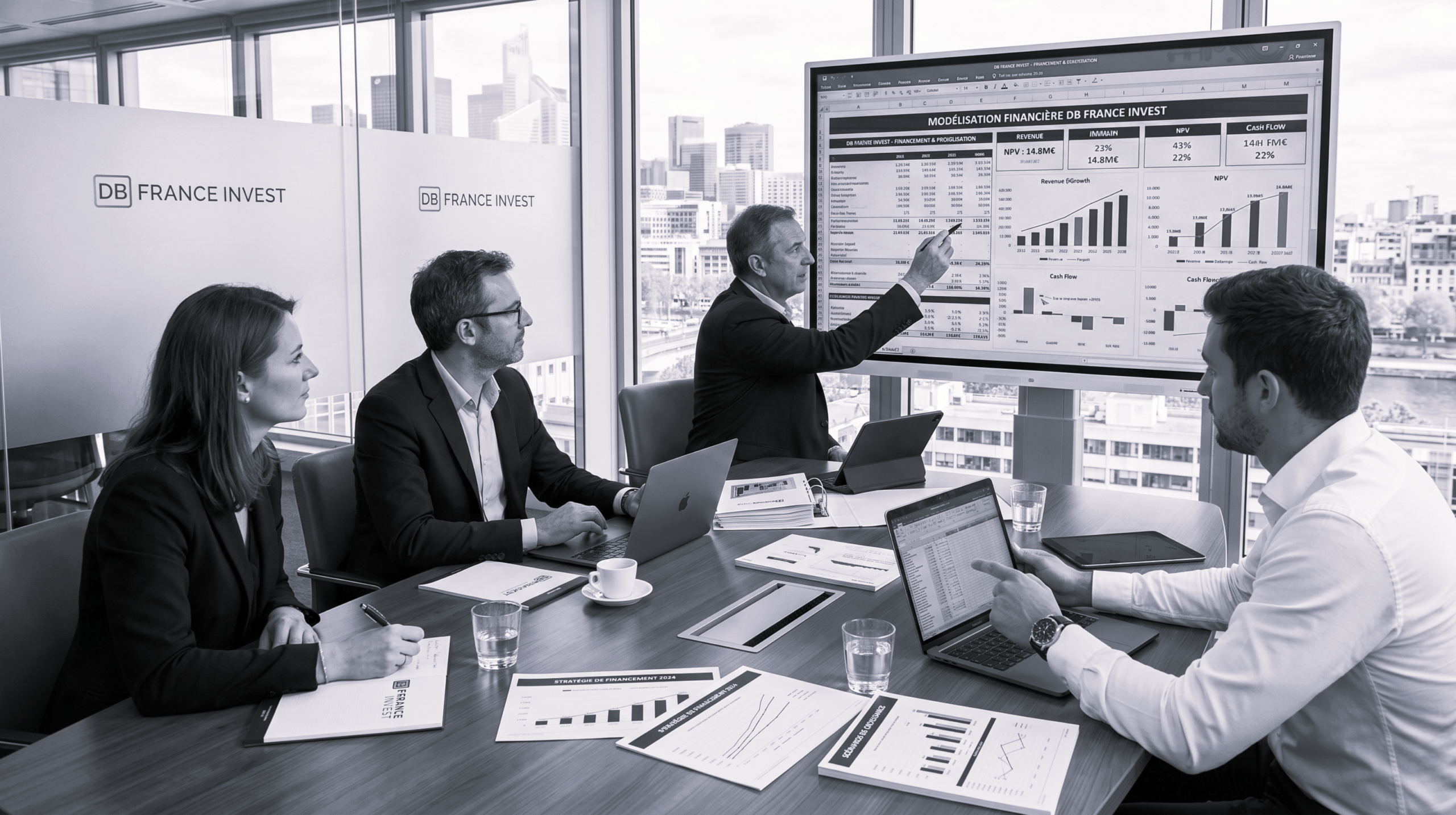 Un réunion de 4 personnes avec une projection d'une simulation d'un financement et de la modélisation financière d'un projet.