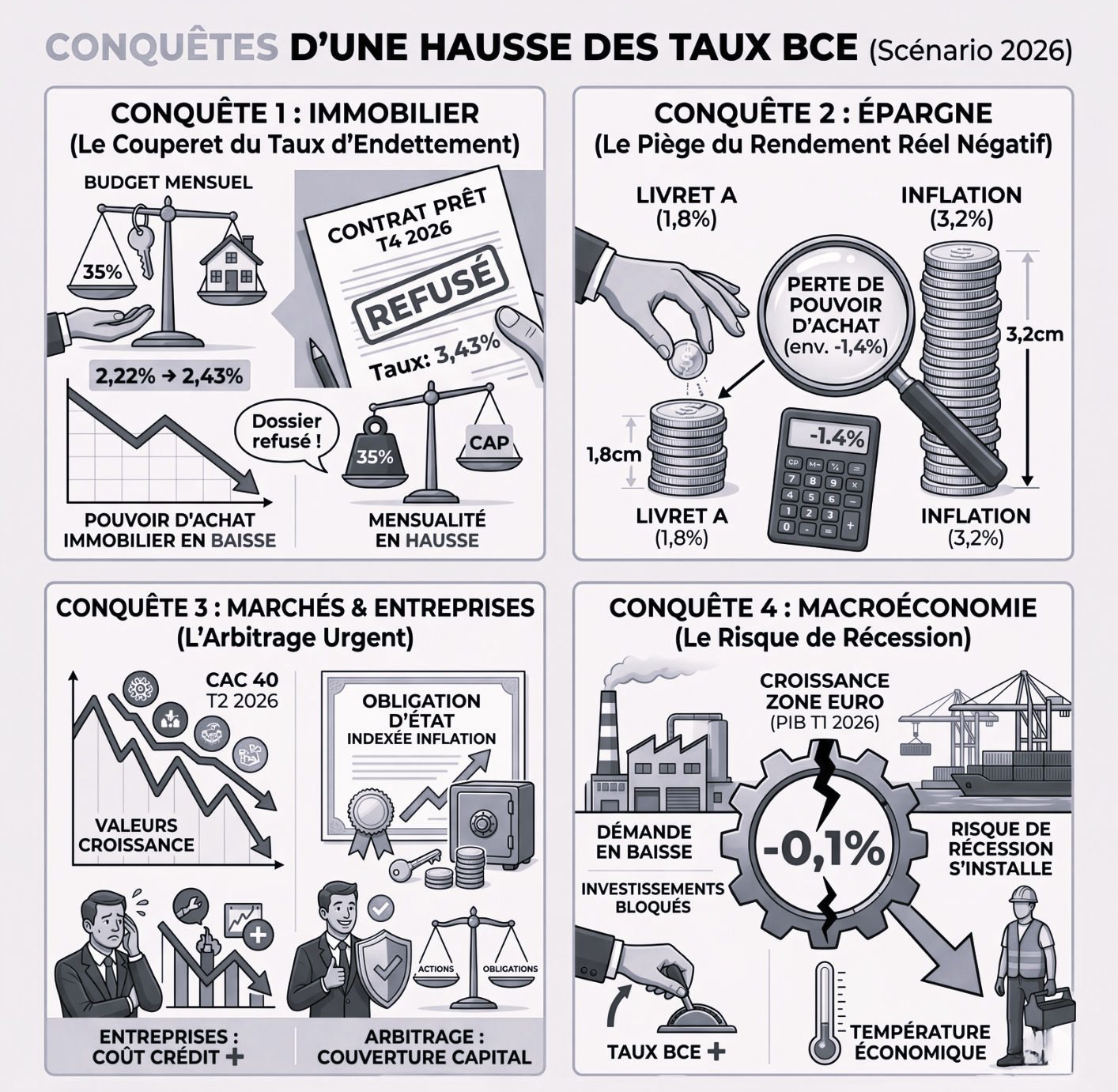 Infographie des 5 conséquences d'une hausse des taux d'intérêt : crédit, épargne, Bourse, croissance et emploi