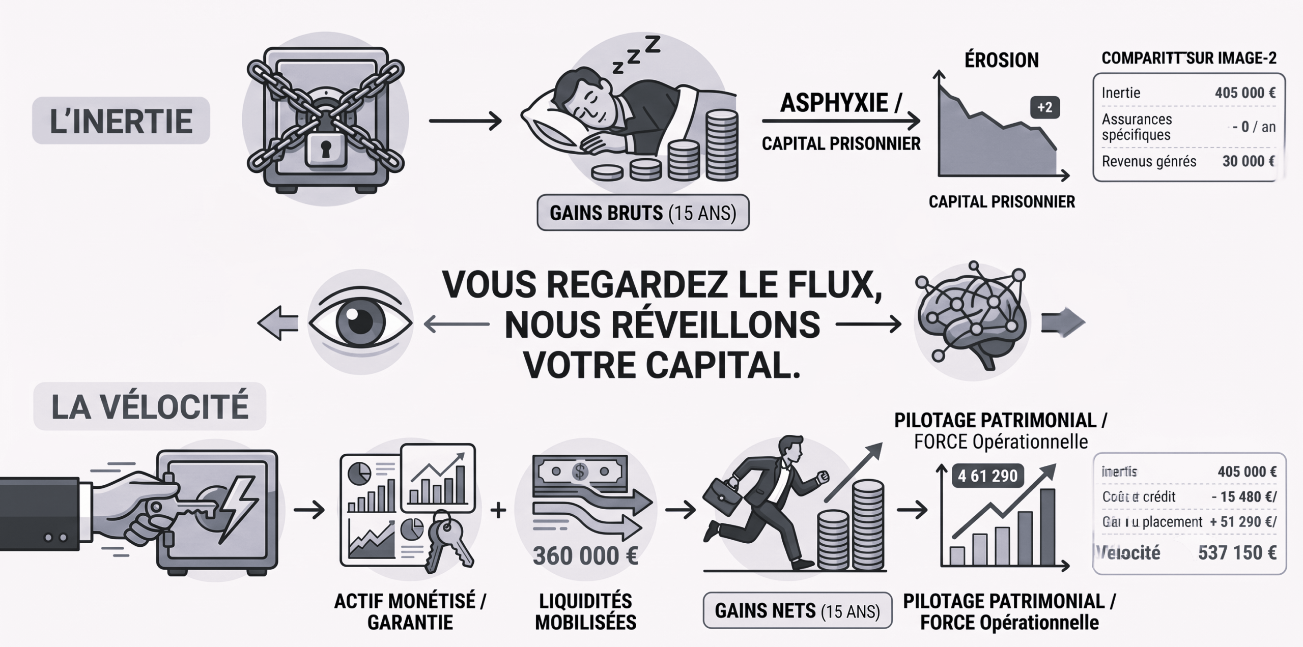 l'infographie montre visuellement comment se créer 2 revenus sur un actif financier