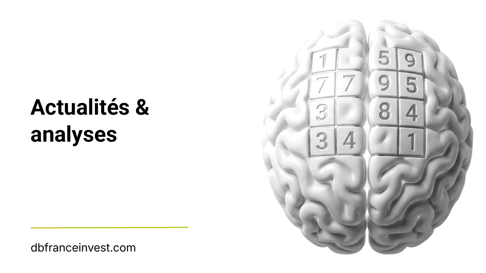 Cerveau stylisé composé de chiffres en noir et blanc, illustrant le hub d'actualités et d'analyses