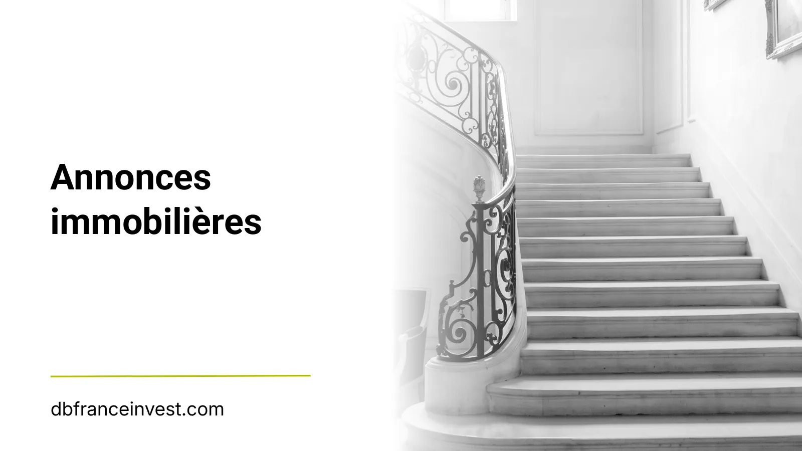 Escalier d'un hôtel particulier en noir et blanc, illustrant annonces immobilières