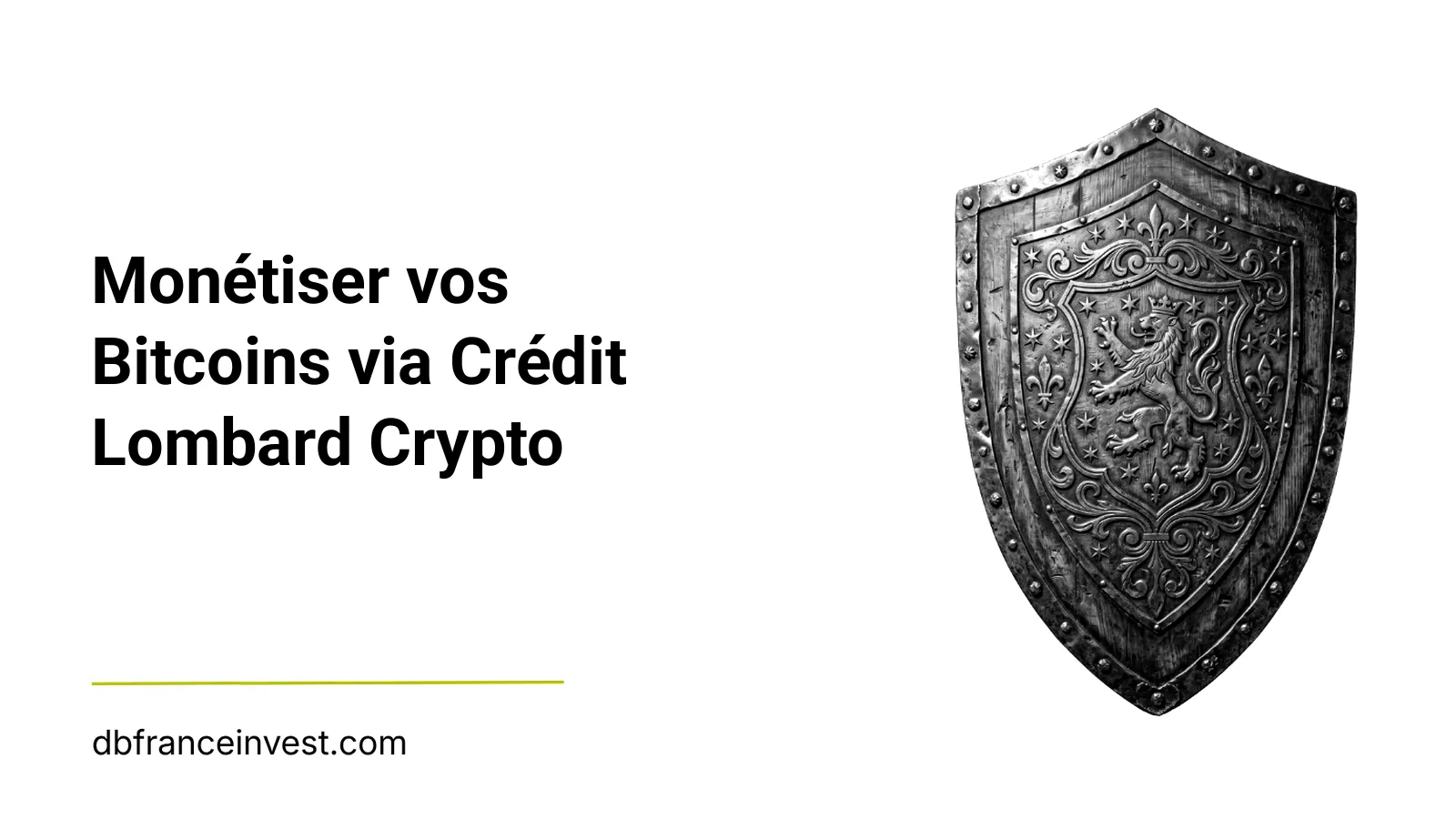 Bouclier orné d'un lion en noir et blanc, illustrant monétiser vos Bitcoins via Crédit Lombard Crypto
