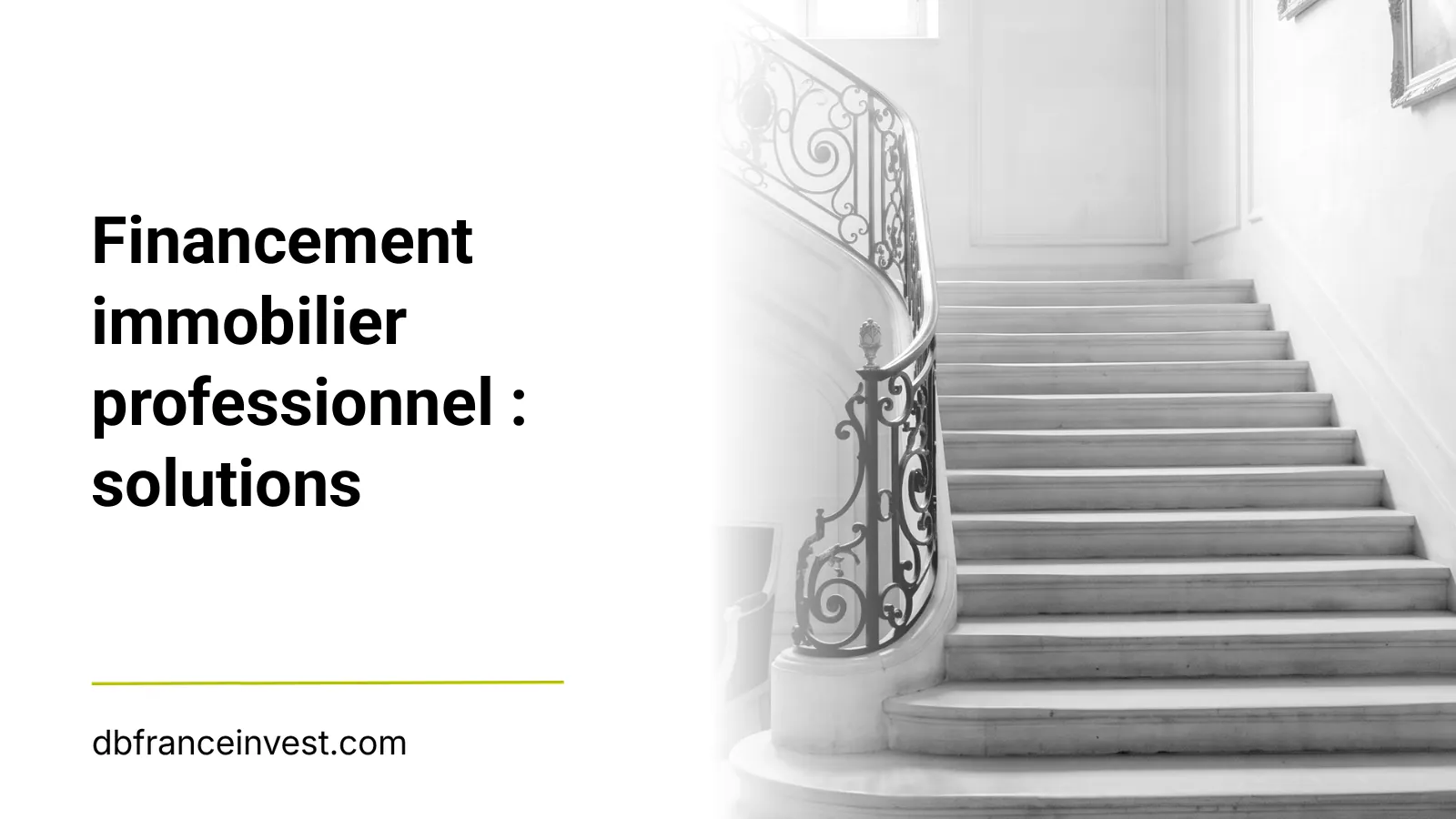 Escalier d'un hôtel particulier en noir et blanc, illustrant financement immobilier professionnel : solutions