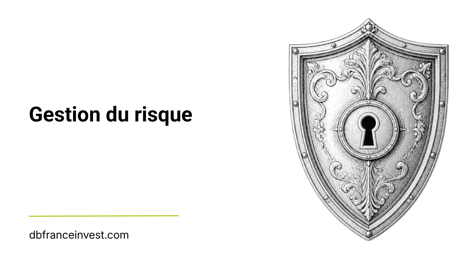 Bouclier héraldique en métal ciselé avec une serrure en son centre, sur fond blanc, évoquant la protection et la maîtrise du risque