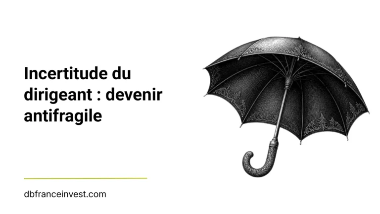 Parapluie ouvert en noir et blanc, illustrant la protection du dirigeant face à l'incertitude