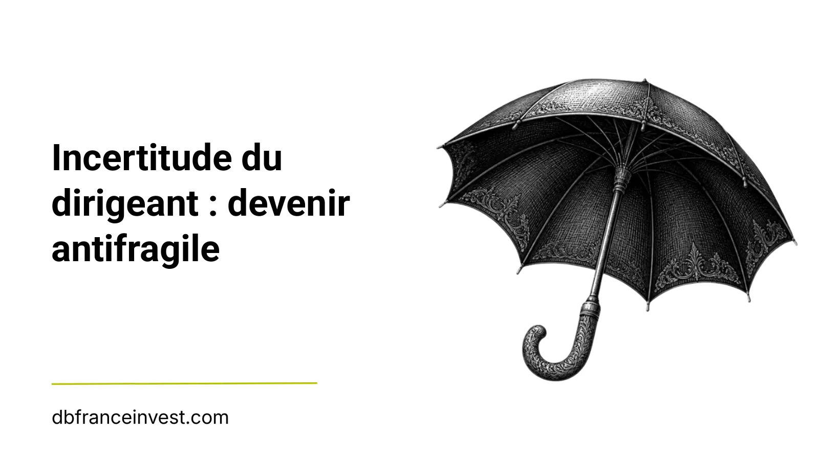 Parapluie ouvert en noir et blanc, illustrant la protection du dirigeant face à l'incertitude