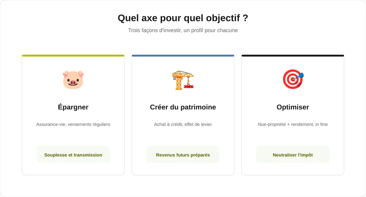 Trois profils d'investissement en SCPI selon l'objectif : épargner via l'assurance-vie, créer du patrimoine à crédit avec effet de levier, ou optimiser en nue-propriété et in fine.