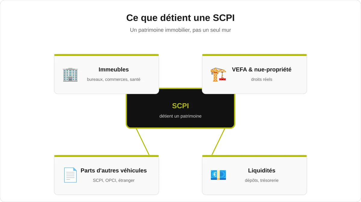 Schéma des actifs détenus par une SCPI : immeubles de bureaux, commerces et santé, parts en VEFA et nue-propriété, parts d'autres véhicules et liquidités de trésorerie.