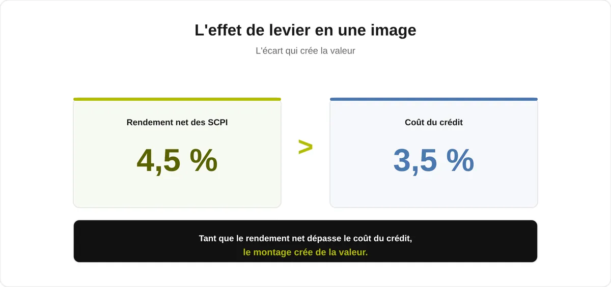 Schéma de l'effet de levier : tant que le rendement net des SCPI (4,5 %) dépasse le coût du crédit (3,5 %), le montage crée de la valeur.
