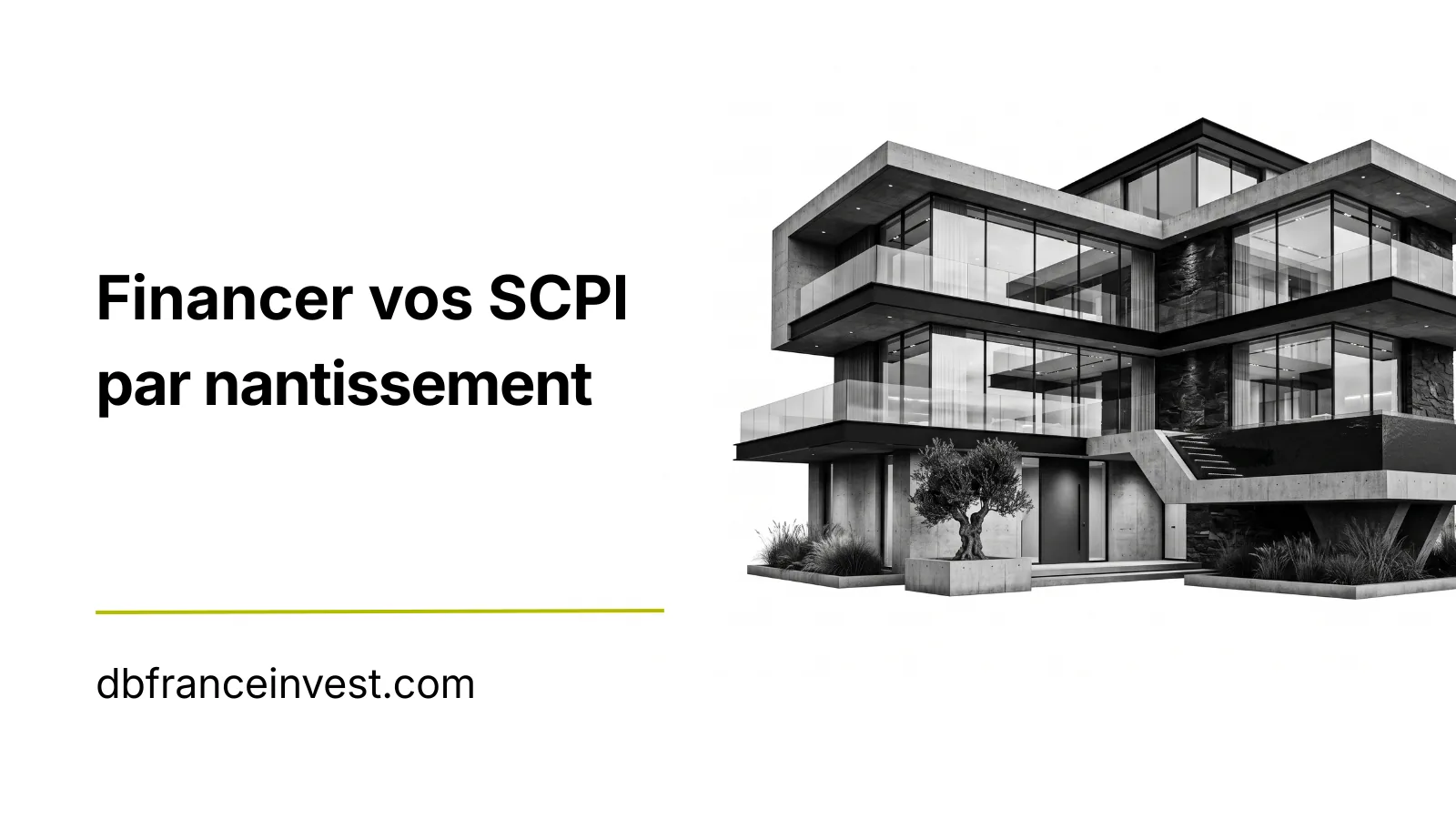 Immeuble d'architecture contemporaine en béton et verre, photo en noir et blanc, illustrant le financement de SCPI par nantissement