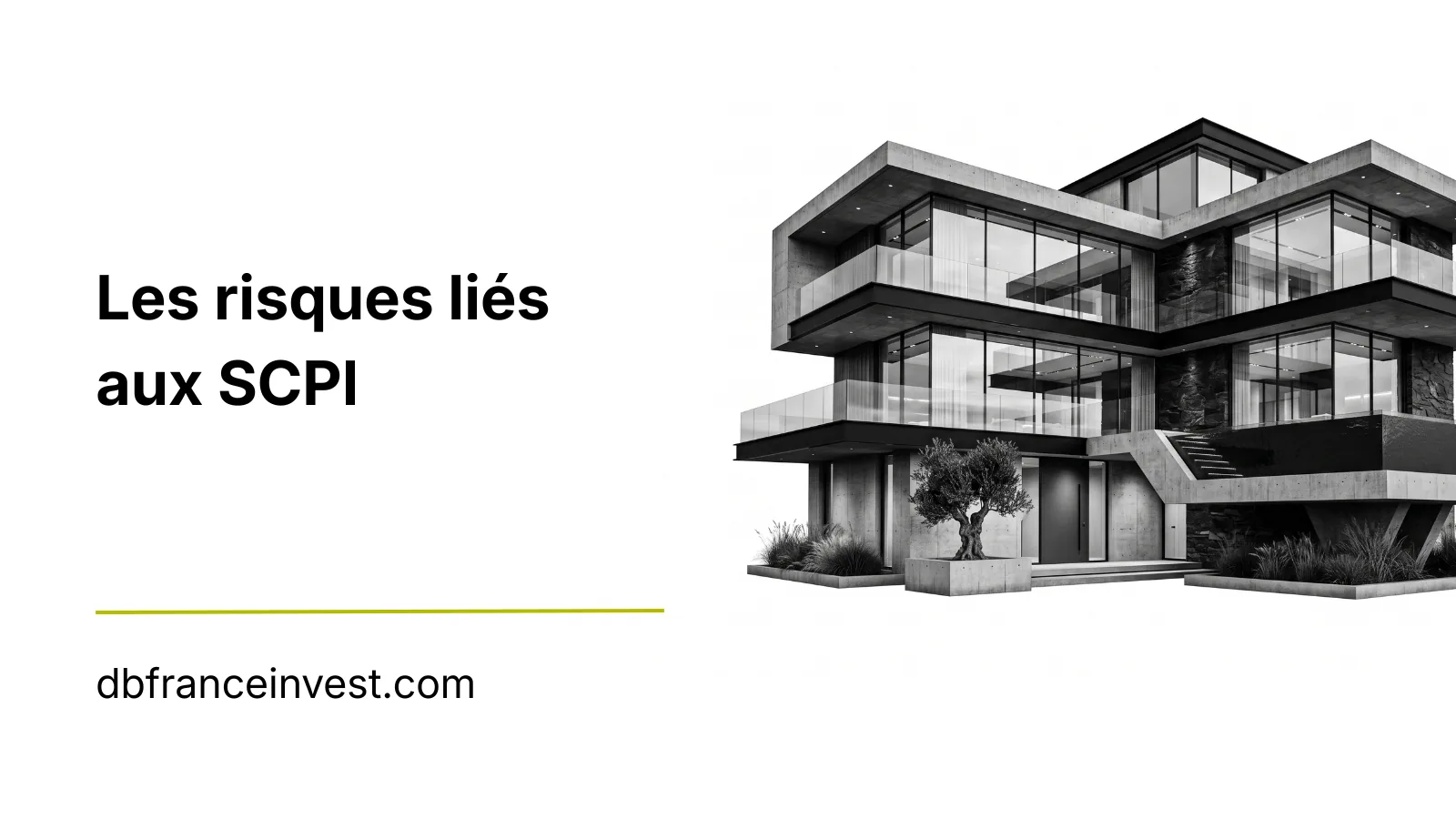 Immeuble d'architecture contemporaine en béton et verre, photo en noir et blanc, illustrant les risques de l'investissement en SCPI