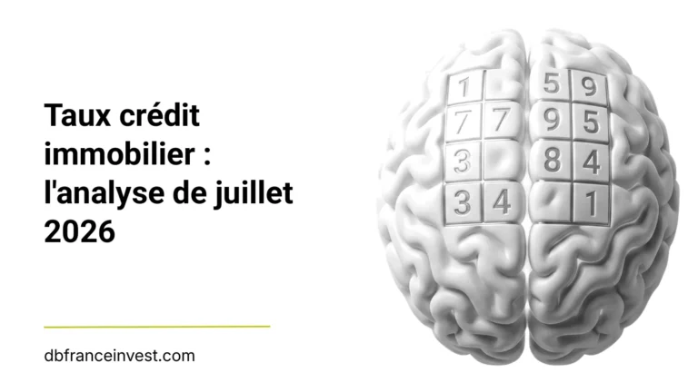 Cerveau stylisé composé de chiffres en noir et blanc, illustrant l'analyse des taux de crédit immobilier