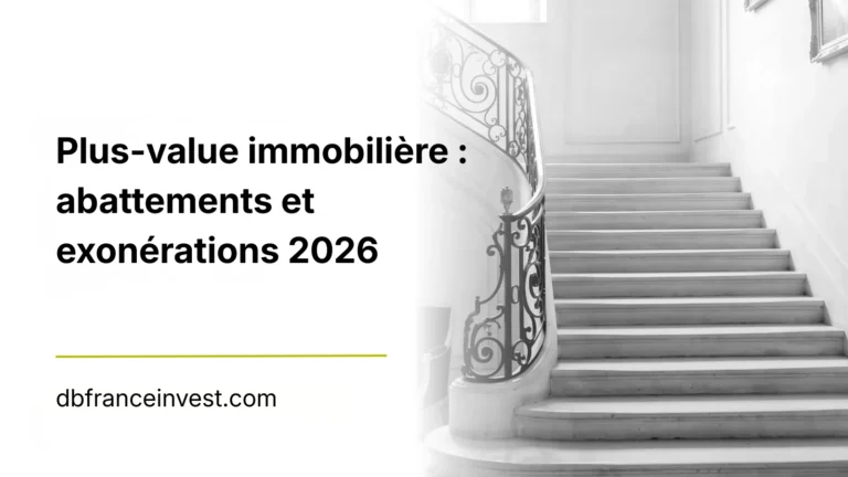 Escalier de pierre à rampe en fer forgé dans un immeuble ancien, en noir et blanc, évoquant la durée de détention d’un bien