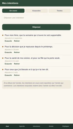 Écran des intentions de l'application Année de grâce, avec les intentions en cours et les intentions exaucées