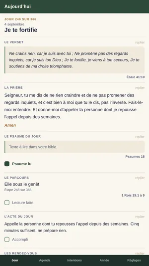 Page du jour de l'application Année de grâce, avec le thème, le verset et la prière écrite