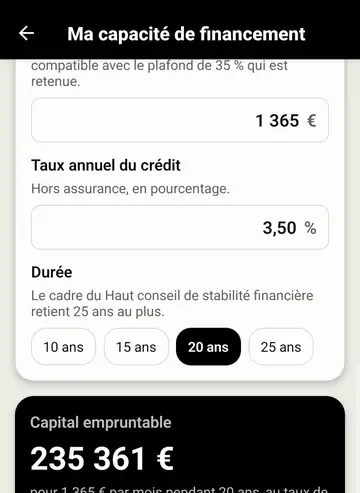 Écran de capacité de financement de DBFI Budget affichant un capital empruntable de 235 361 euros