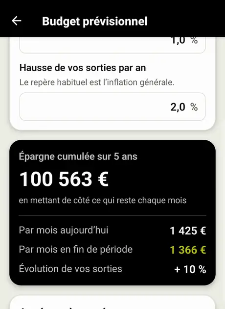 Écran du budget prévisionnel de DBFI Budget affichant une épargne cumulée de 100 563 euros sur cinq ans