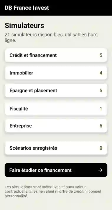 Écran d’accueil de DBFI Simulateurs affichant vingt et un simulateurs répartis en cinq familles